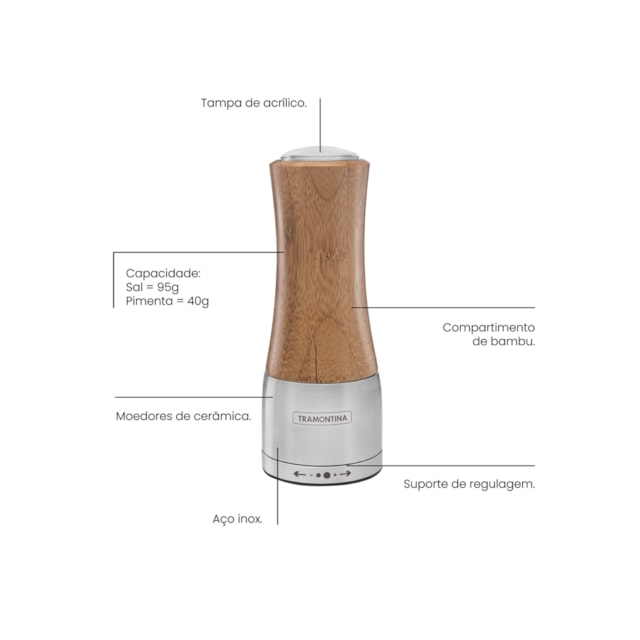 Moedor Tramontina Realce Sal ou Pimenta em Bambú e Aço Inox com Moinho em Cerâmica Moedor Tramontina Realce Sal ou Pimenta em Bambú e Aço Inox com Moinho em Cerâmica
