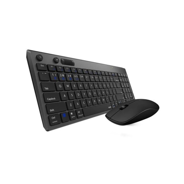 Mouse e Teclado Sem Fio Rapoo, Bluetooth ou Nano Receptor 2.4GHz, 1300DPI, ABNT2, Preto - RA003