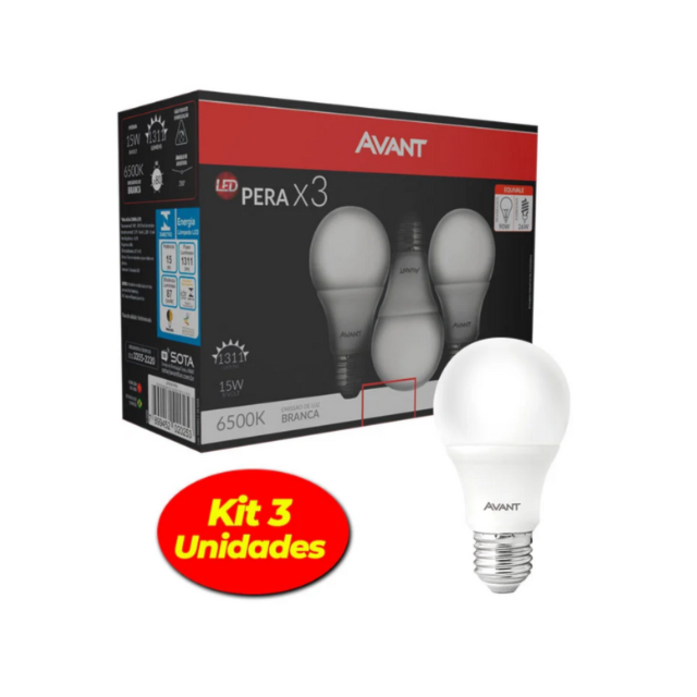 Pack com 3 Lâmpadas LED Pêra 15w 6500k - AVANT Pack com 3 Lâmpadas LED Pêra 15w 6500k - AVANT