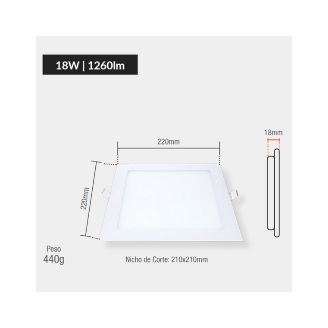 Painel de Led de Embutir de Alumínio Quadrado-22 NE 4000K 18W - AVANT