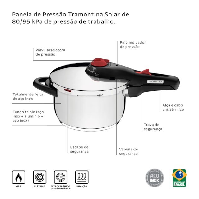 Panela de Pressão Tramontina Solar em Aço Inox Fundo Triplo com 5 Dispositivos de Segurança 22 cm 6 L Panela de Pressão Tramontina Solar em Aço Inox Fundo Triplo com 5 Dispositivos de Segurança 22 cm 6 L