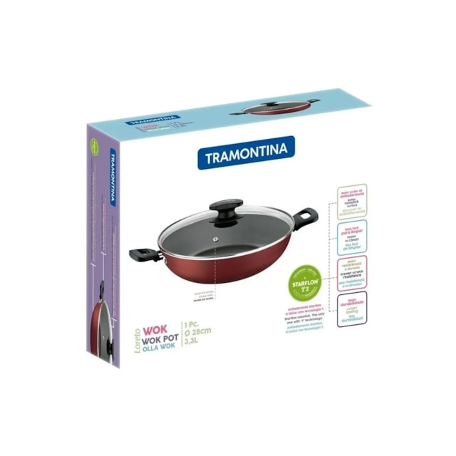 Panela Wok de Aluminio 28cm Loreto Vermelho Tramontina