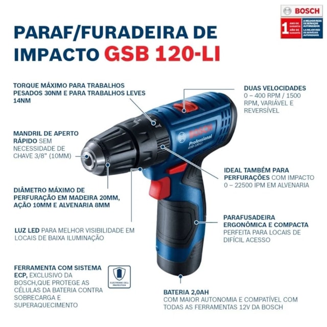 Parafusadeira Furadeira GSB 120 LI com 2 Baterias - BOSCH