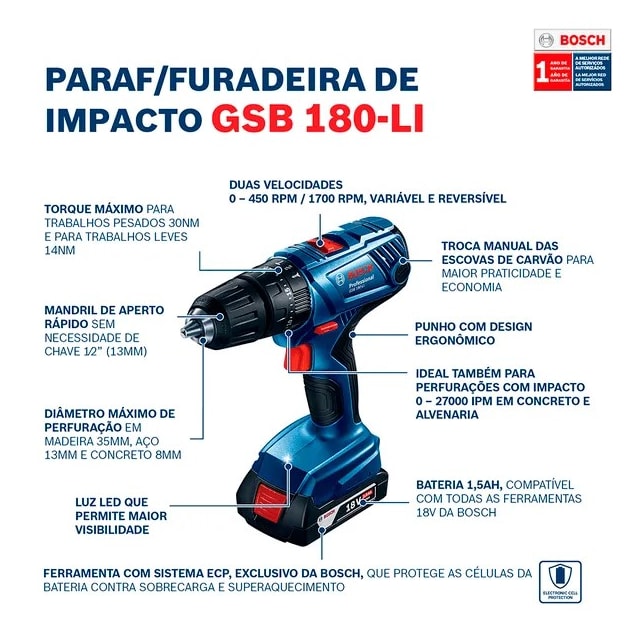 Parafusadeira Furadeira GSB 180 LI com Baterias - BOSCH