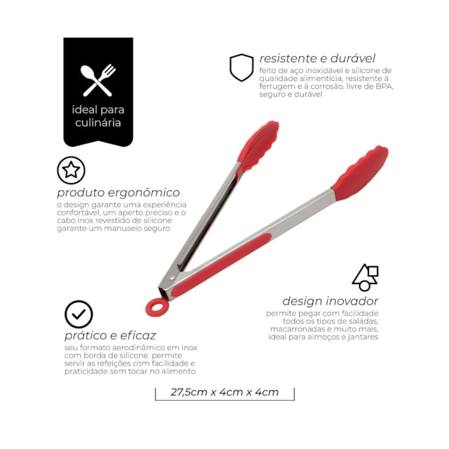 Pegador de Salada Inox com Silicone Vermelho Mimo Style Pegador de Salada Inox com Silicone Vermelho Mimo Style