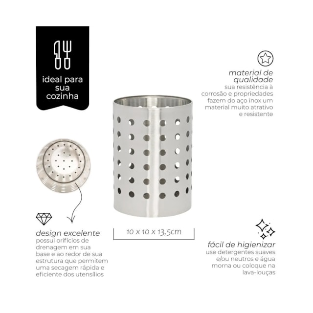 Porta Talheres Redondo em Aço Inoxidável 13cm Mimo Style Porta Talheres Redondo em Aço Inoxidável 13cm Mimo Style