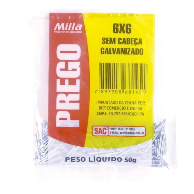Prego Galvanizado 06 x 06 Pacote com 50g - Milla  Prego Galvanizado 06 x 06 Pacote com 50g - Milla
