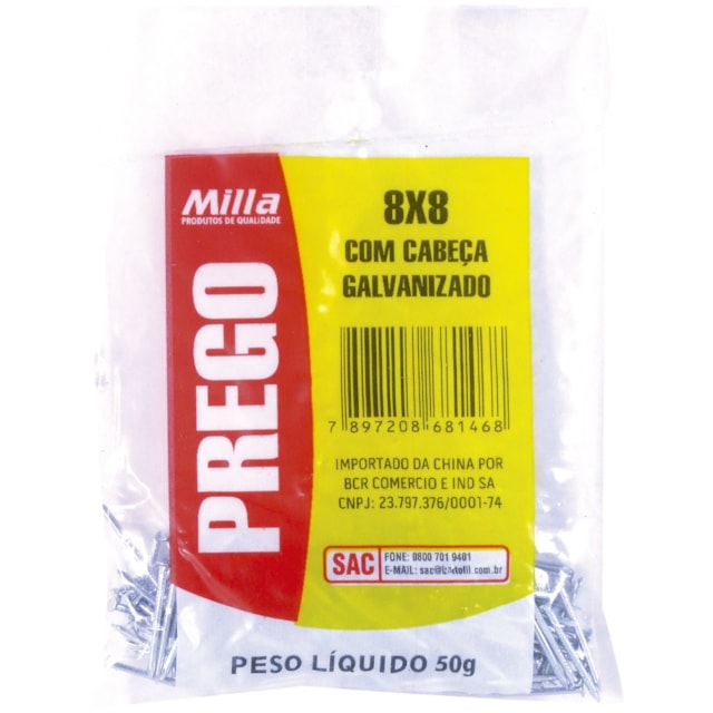 Prego Galvanizado 08 x 08 Pacote com 50g - Milla 