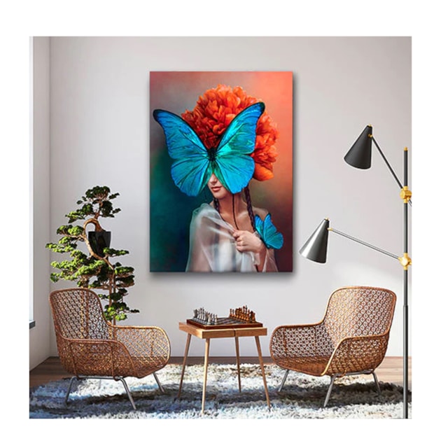 Quadro Arte Conceito Blue Butterfly Face Borda Infinita 100 x 70 cm