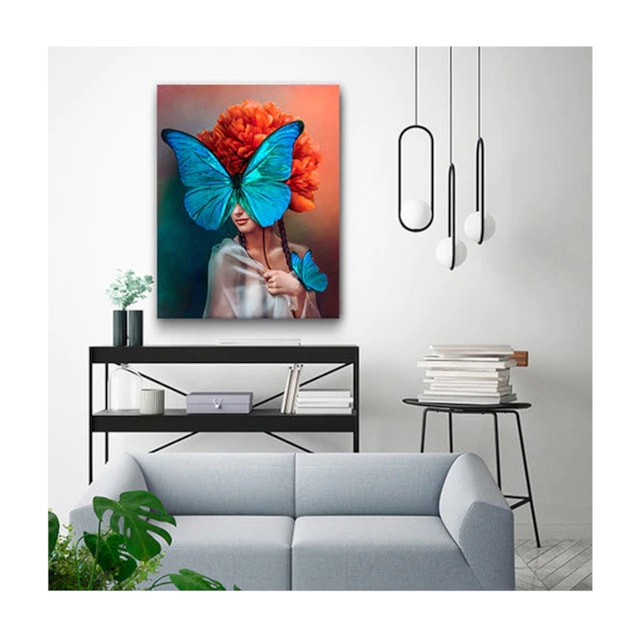 Quadro Arte Conceito Blue Butterfly Face Borda Infinita 120 x 80 cm