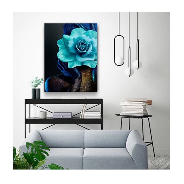 Quadro Arte Conceito Color Paint Woman Blue Rose c/ Moldura Marrom e Vidro 100 x 70 cm