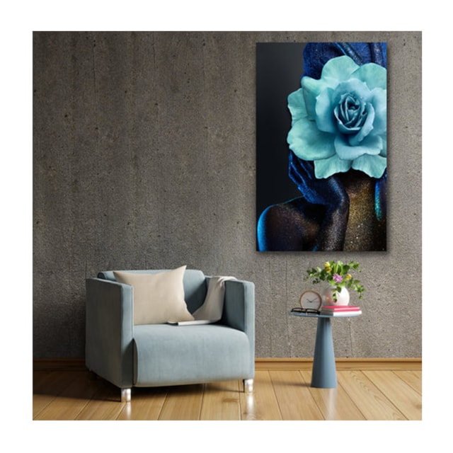 Quadro Arte Conceito Color Paint Woman Blue Rose c/ Moldura Marrom e Vidro 100 x 70 cm
