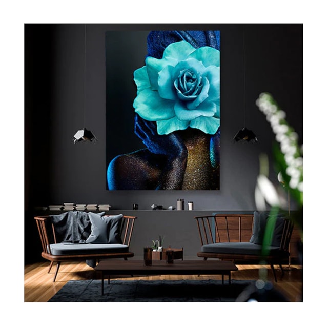 Quadro Arte Conceito Color Paint Woman Blue Rose c/ Moldura Marrom e Vidro 100 x 70 cm