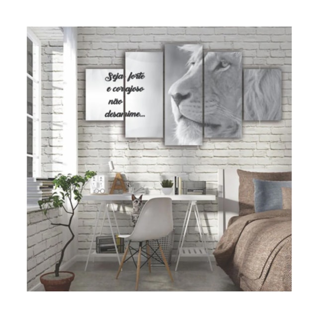 Quadro Decorativo 115x60cm Sala Quarto Leão Preto e Branco Seja Forte