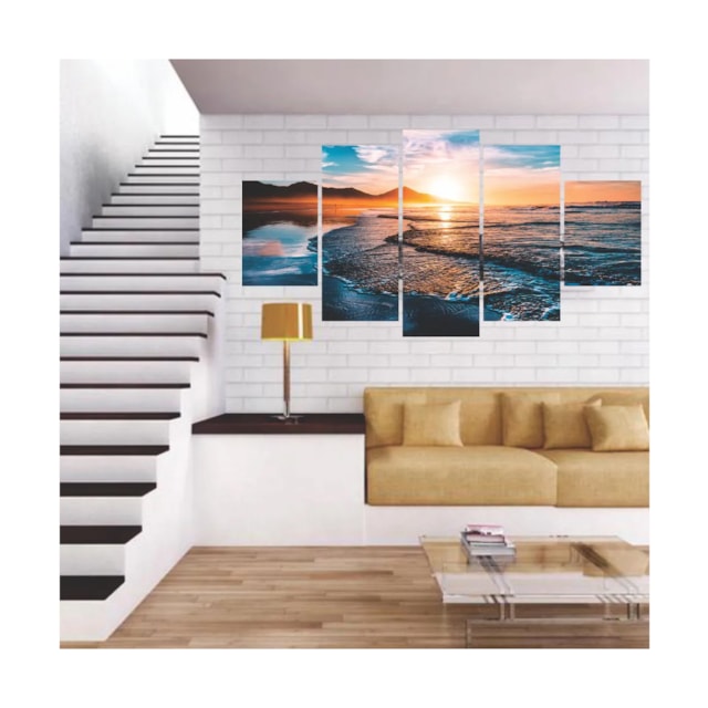 Quadros Decorativos Mosaico MDF Por do Sol ao Mar Agua