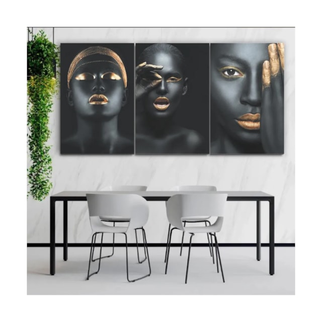 Quadros Decorativos Mosaico Mulheres Negras Maquiagem Dourada 80x60