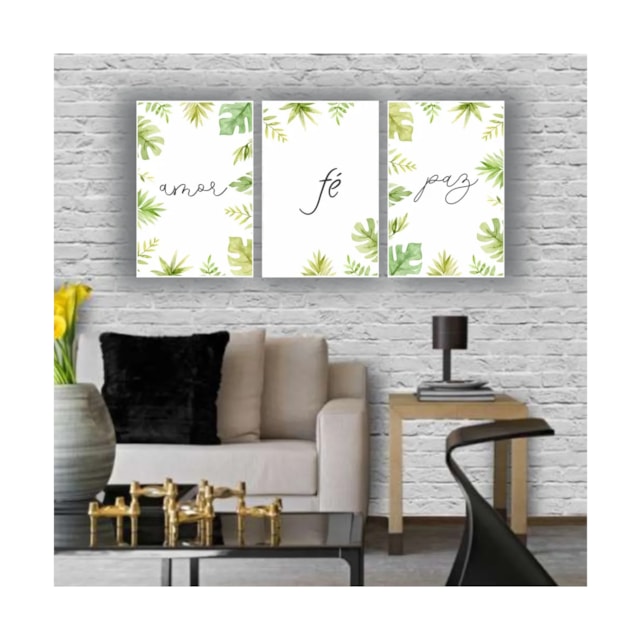 Quadros Decorativos quarto Amor, Fé e Paz Folhas Floral 60x40