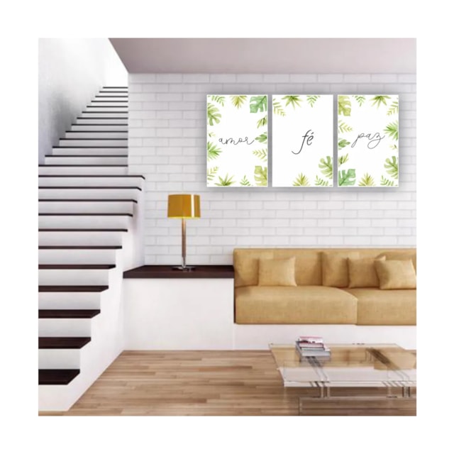 Quadros Decorativos quarto Amor, Fe e Paz Folhas Floral