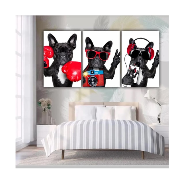 Quadros Decorativos quarto Cachorro Buldogue Frances Divertido 60x40