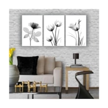 Quadros Decorativos quarto Floral Flores em Tons de Cinza Preto e Branco 60x40