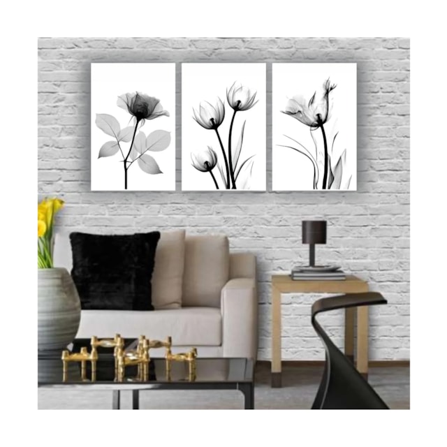 Quadros Decorativos quarto Floral Flores em Tons de Cinza Preto e Branco 60x40