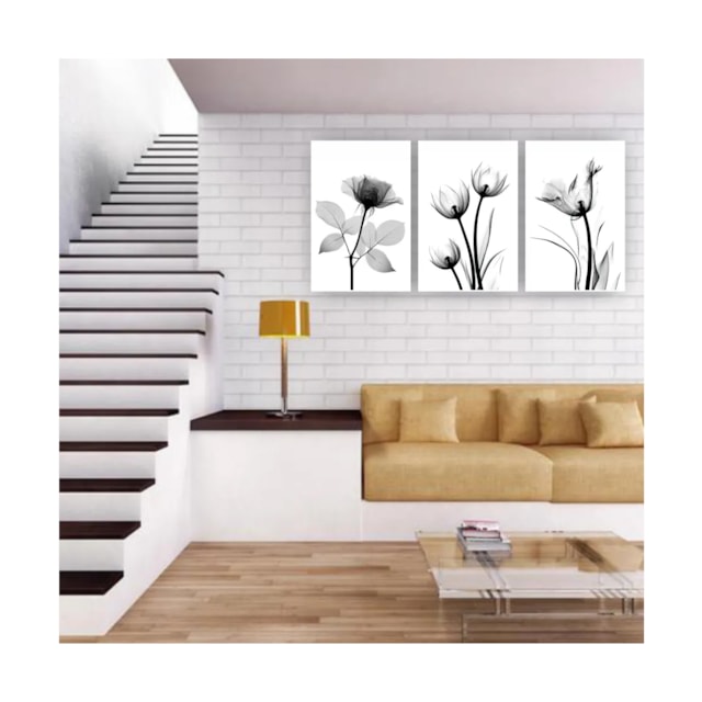 Quadros Decorativos quarto Floral Flores em Tons de Cinza Preto e Branco