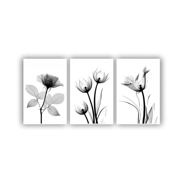 Quadros Decorativos quarto Floral Flores em Tons de Cinza Preto e Branco 80x60