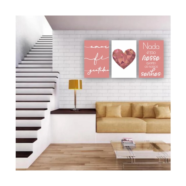 Quadros Decorativos quarto frases Amor Fé Gratidão Coração Rose Escrito Branco 60x40