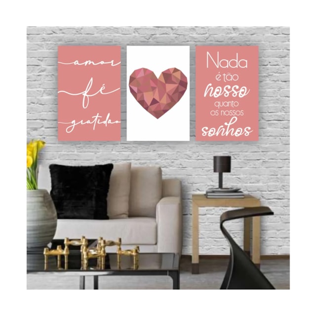 Quadros Decorativos quarto frases Amor Fe Gratidão Coração Rose Escrito Branco