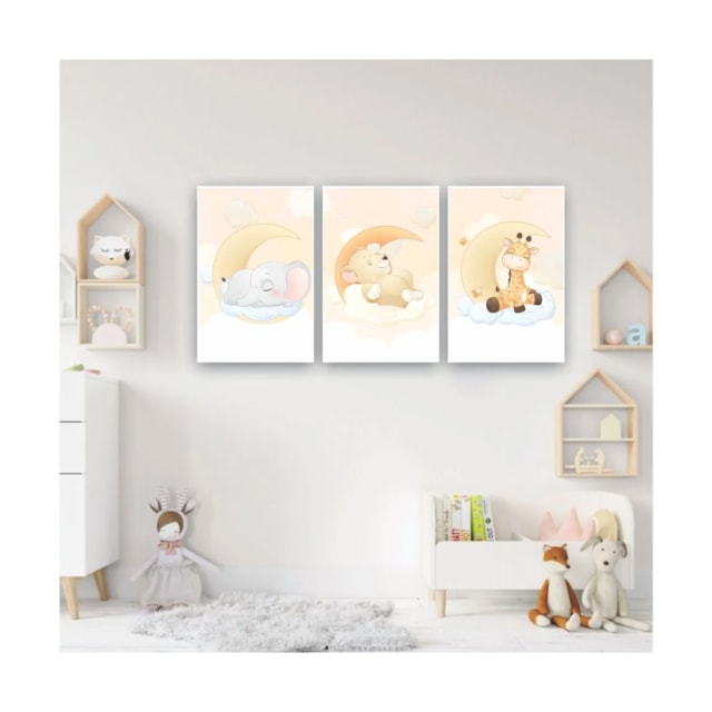 Quadros Decorativos quarto Infantil Safari Elefante, Leão e Girafa