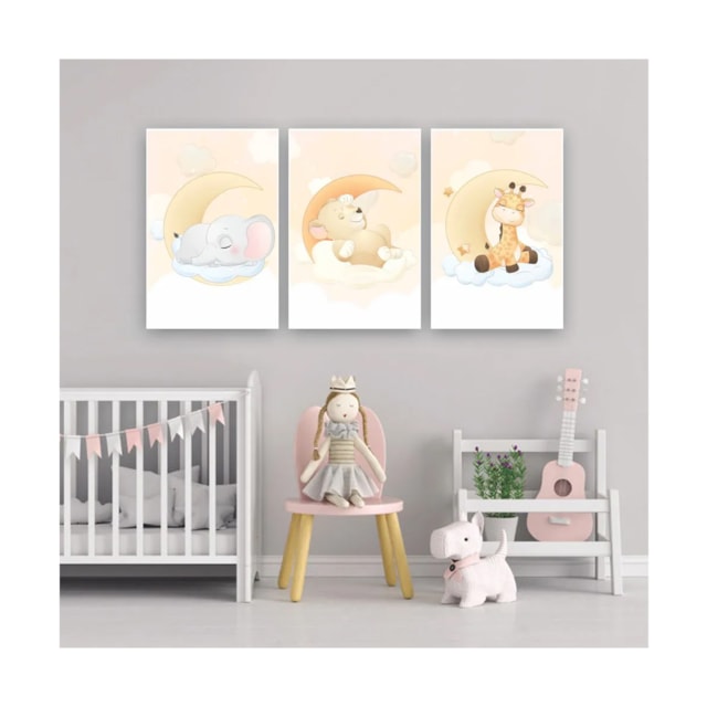 Quadros Decorativos quarto Infantil Safari Elefante, Leão e Girafa