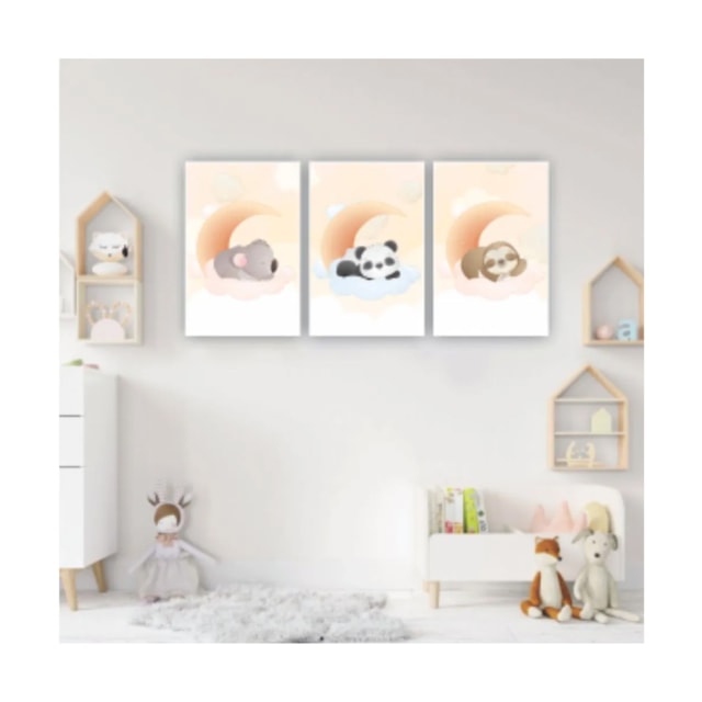 Quadros Decorativos quarto Infantil Safari Koala, Panda e Preguiça