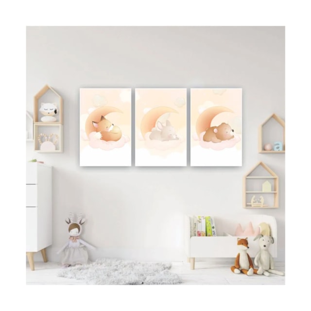 Quadros Decorativos quarto Infantil Safari Raposa, Coelho e Urso