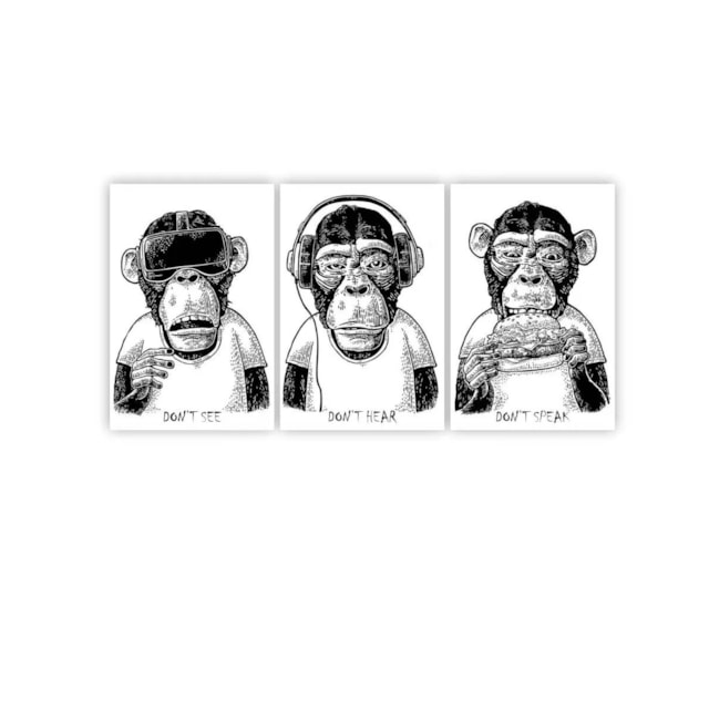 Quadros Decorativos Três Macacos Sabios Don´t See Hear Speak 80x60