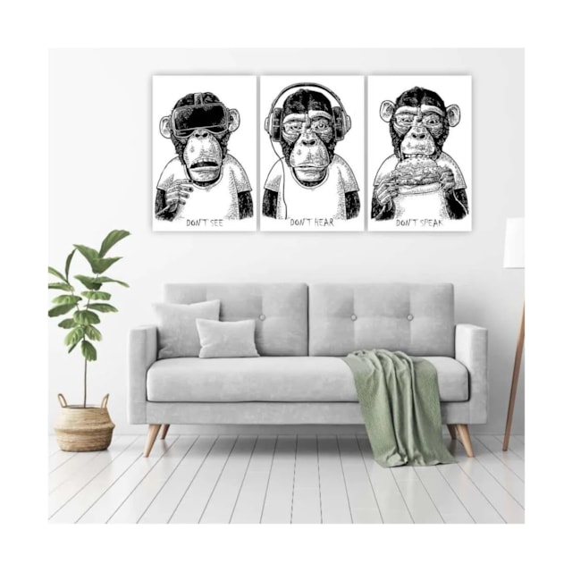 Quadros Decorativos Três Macacos Sabios Don´t See Hear Speak 80x60