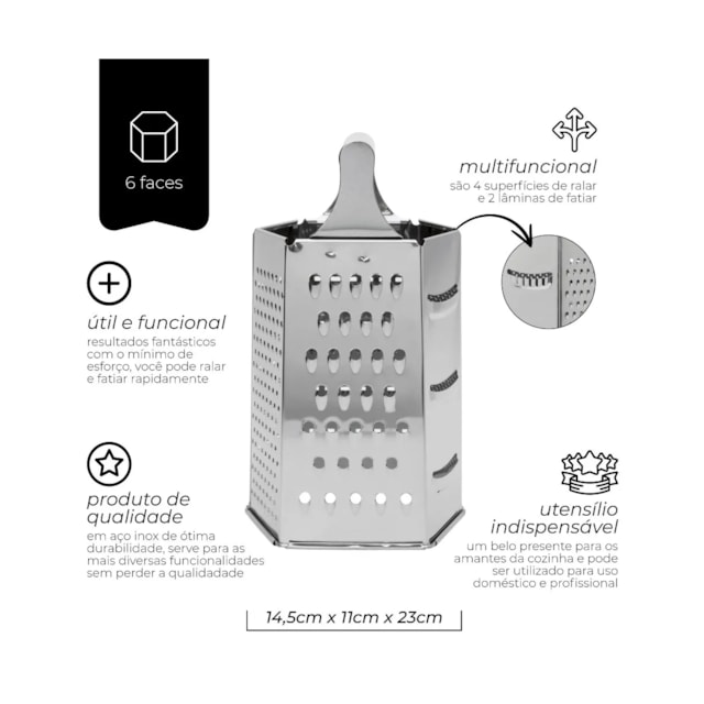 Ralador 6 Faces com Cortes Diferentes Inox 22cm Mimo Style