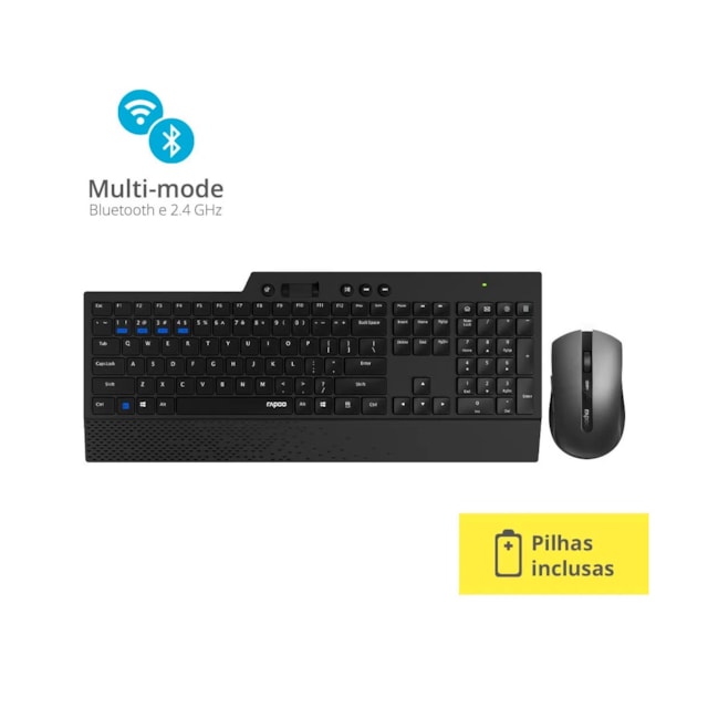 Teclado E Mouse Rapoo Bluetooth + 2.4 Ghz Black Garantia 5Anos Com Pilha 8200T - RA005 Preto