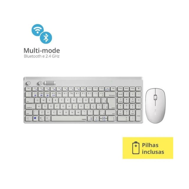 Teclado E Mouse Rapoo Bluetooth + 2.4 Ghz White Garantia 5Anos Com Pilha - 8050T - RA004