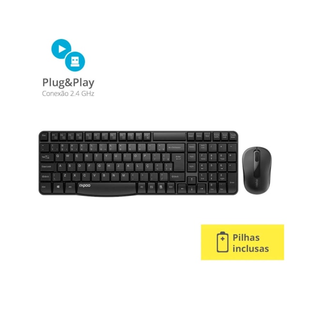 Teclado e Mouse Rapoo X1800s 2.4 Ghz Black com Pilha RA001